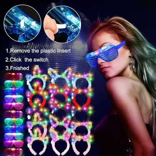 Honoson 30 Pcs LED Light up Glasses Cat LED Cute Headband Cat Ears Sunglasses Glow in the Dark Party Supplies (Long-pile)