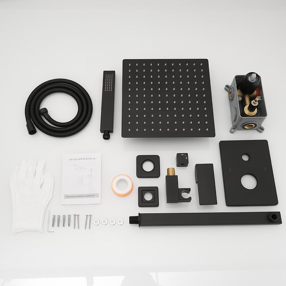 Matte Black Shower System YCAIKOI Wall Mount Shower Faucet Set for Bathroom 10 Inch High Pressure Luxury Shower Head with Handheld, Rough-in Valve Body and Trim Included