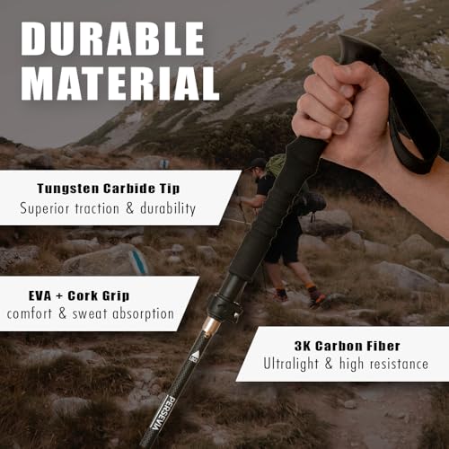 Carbon Fiber Trekking Poles - Ultralight Collapsible Hiking Poles with Cork Grip, Flip Locks, Adjustable Length, All-Terra...