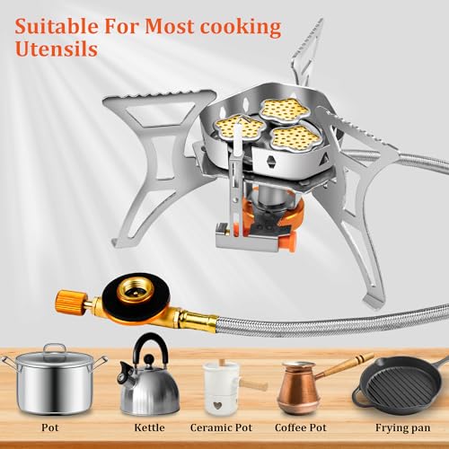 6800W Camping Backpacking Stove, Outdoor Portable Burner Cooking Stove with Fuel Canister Adapter, Piezo Ignition, Carry C...