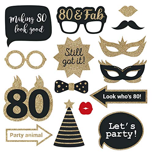 Fully Assembled 80th Birthday Photo Booth Props - Set of 30 - Black & Gold Selfie Signs - 80th Party Supplies & Decoration...