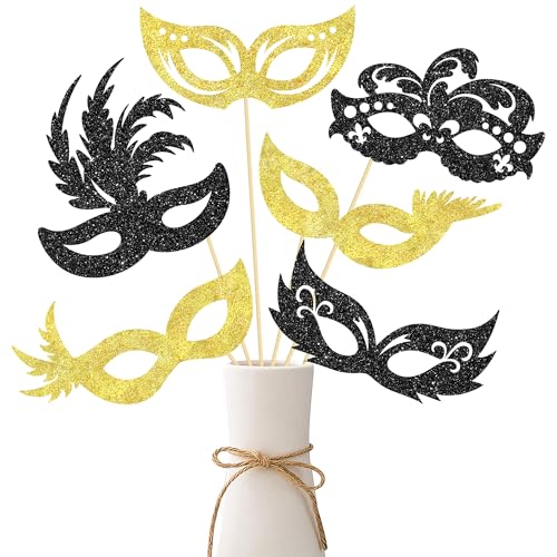 umoni Masquerade Mask Centerpiece Sticks 12Pcs Glitter Black and Gold Mask Table Toppers Venetian Mask Decorations Costume...