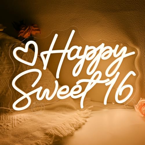 SYLHOME Happy Sweet 16 Led Neon Light Sign Happy 16th Birthday Party Backdrop Wall Sign Decor Sixteen Birthday Banner 15.7...