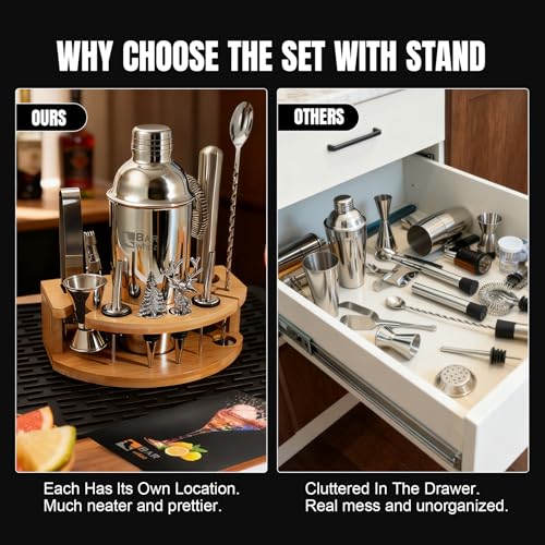 Silicone Pad Included Cocktail Shaker Set Bartender Kit,Mixology Bartender Kit 13-Piece with Bamboo Stand,Martini Shaker K...