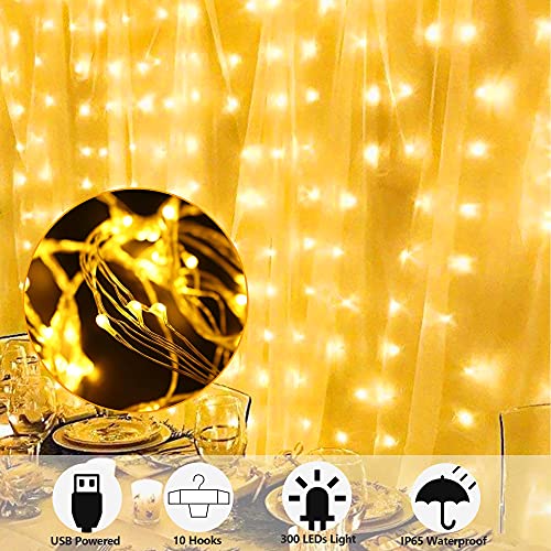 HOME LIGHTING Window Curtain String Lights, 300 LED 8 Lighting Modes Fairy Copper Light with Remote, USB Powered for Chris...