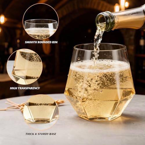 40 Pack 12oz Diamond Plastic Wine Glasses, Disposable Stemless Wine Cups - Shatterproof, Unbreakable & BPA-Free, Recyclabl...