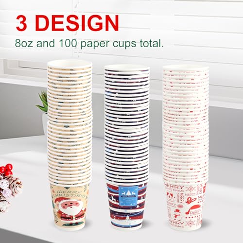 Richboom Christmas Cups, 100 Count 8 oz Disposable Christmas Coffee Cups Holiday Paper Coffee Cups Hot Chocolate Bar Suppl...