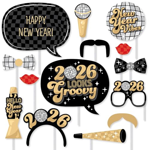 Big Dot of Happiness Disco Ball 2026 New Year Photo Booth Props, NYE Party Photo Props Kit, 2026 New Years Glasses, New Ye...