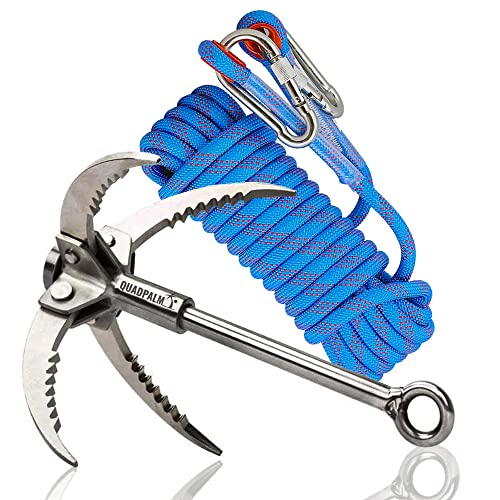 Grappling Hook with 10m Rope – Multifunctional QUADPALM Grapple Hook - 4 Stainless Steel Folding Claws - Heavy Duty - Outd...