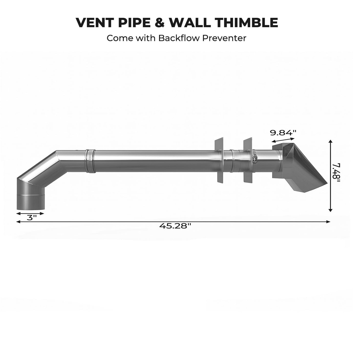 CAMPLUX 3" Water Heater Vent Kit with Termination Hood and Wall Thimble, Stainless Steel