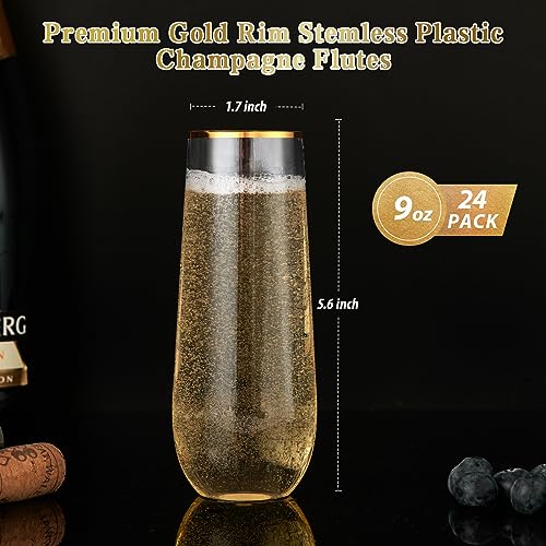 FOCUSLINE 24 Pack 9 Oz Plastic Stemless Gold Rim Champagne Flutes, Heavy Duty, Shatterproof, Disposable & Reusable Crystal...