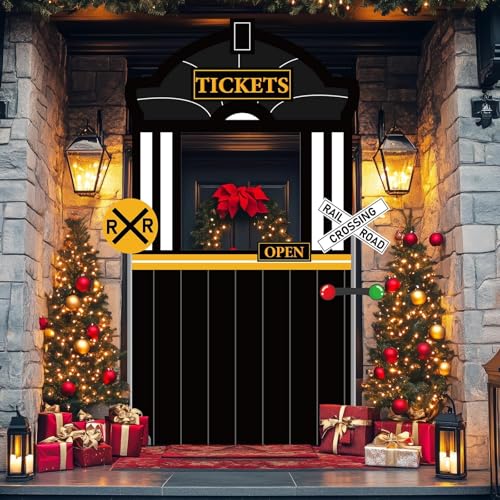 Train Ticket Hall Door Banner for Train Birthday Party Decoration Express Trains Station Hanging Banner Railroad Track Doo...