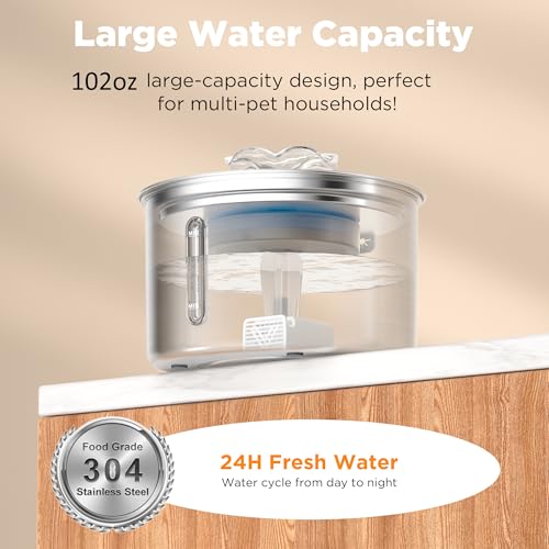 PetMuch Cat Water Fountain Stainless Steel, 102oz/3L Automatic Pet Water Fountain with 6 Replacement Filters & 6 Pre-Filte...