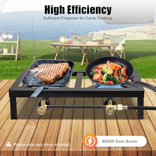 PROYONGOO Double Propane Burner Camping Stove, 18.90" X 9.84" X 4.53" Gas Stove with Regulator Hose, Portable Gas Burner f...