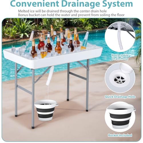 SUPER DEAL Party Ice Cooler Folding Table with 5L Bucket, Portable Outdoor Cooler Table with Removable Matching Skirt, Lar...