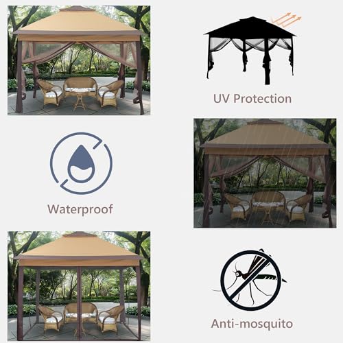 GDY 11x11 Pop Up Canopy Tent, Outdoor Canopy with Netting, Outdoor Gazebo for Backyard, Tent with Wheeled Cover Bag, Brown.