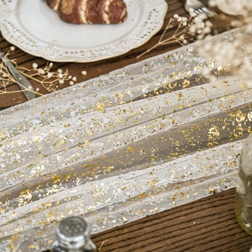 Artoid Mode Beige Gold Gauze Table Runner 120 Inch 10FT, Glitter Metallic Foil Sheer Dining Wedding Anniversary Holiday Bi...