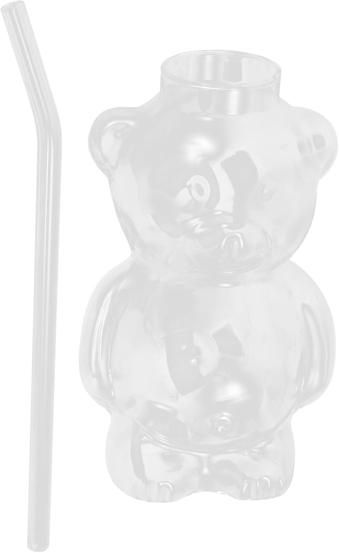 LUOZZY Bear Shaped Glass Cup with Straw Adorable Bear Cocktail Glass Transparent Beverage Drinking Glass Cup for Home Bar ...
