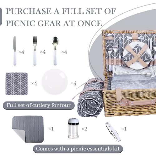 Neti Neti Wicker Picnic Basket for 4 with Insulated Cooler & Waterproof Blanket – Large Willow Picnic Hamper for Outdoor, ...