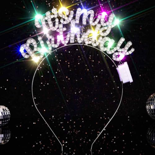Zoestar Light Up Happy Birthday Headband Led Rhinestone Birthday Party Hair Accessories Women(Silver, One Size)