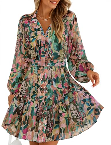 ZESICA Womens Spring Summer Floral Mini Dress Long Sleeve Button Chiffon A Line Swing Short Wedding Guest Party Dresses