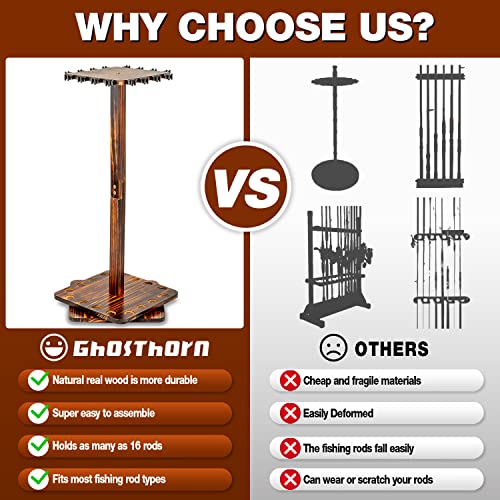 Ghosthorn Fishing Rod Holders for Garage 360 Degree Rotating Fishing Pole Rack, Floor Stand Holds up to 16 Rods Wood Fishi...
