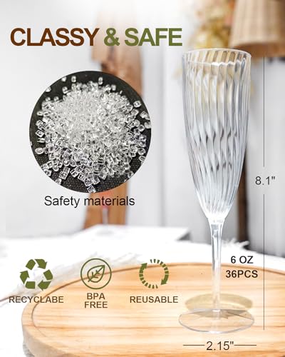 Walee Koky Plastic Champagne Flutes, 36 PCS Clear Disposable Wine Glasses Reusable Plastic Cocktail Cups for Home Daily Li...