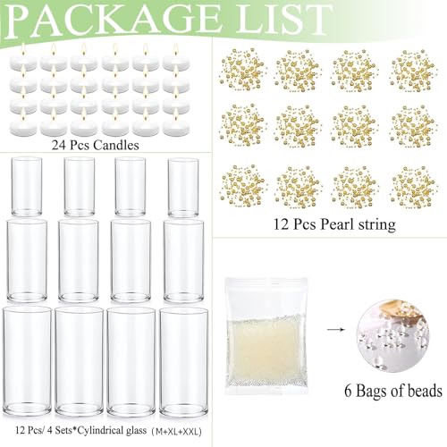PNJHDZ Set of 12 Glass Cylinder Vases for Centerpieces with 8 Pack Vase Filler 12 Pearl String 24 White Floating Candles f...