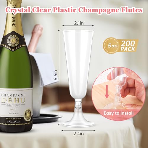 SUREHOME Plastic Champagne Flutes 200 Pack Champagne Glasses Disposable Mimosa Glasses 5 Oz Crystal Clear Plastic Flutes f...
