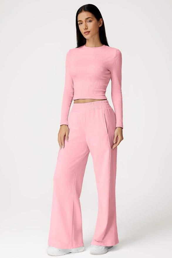 QINSEN Womens 2 Piece Sets Long Sleeve Slim Fit Crop Tops Wide Leg Pants Matching Lounge Set