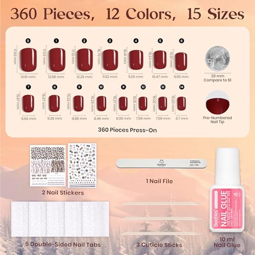 Beetles Press On Nails Kit - Festival Glow | 360Pcs 12 Colors Short Square Press On Nails | 15 Sizes Matte Glossy Glitter ...