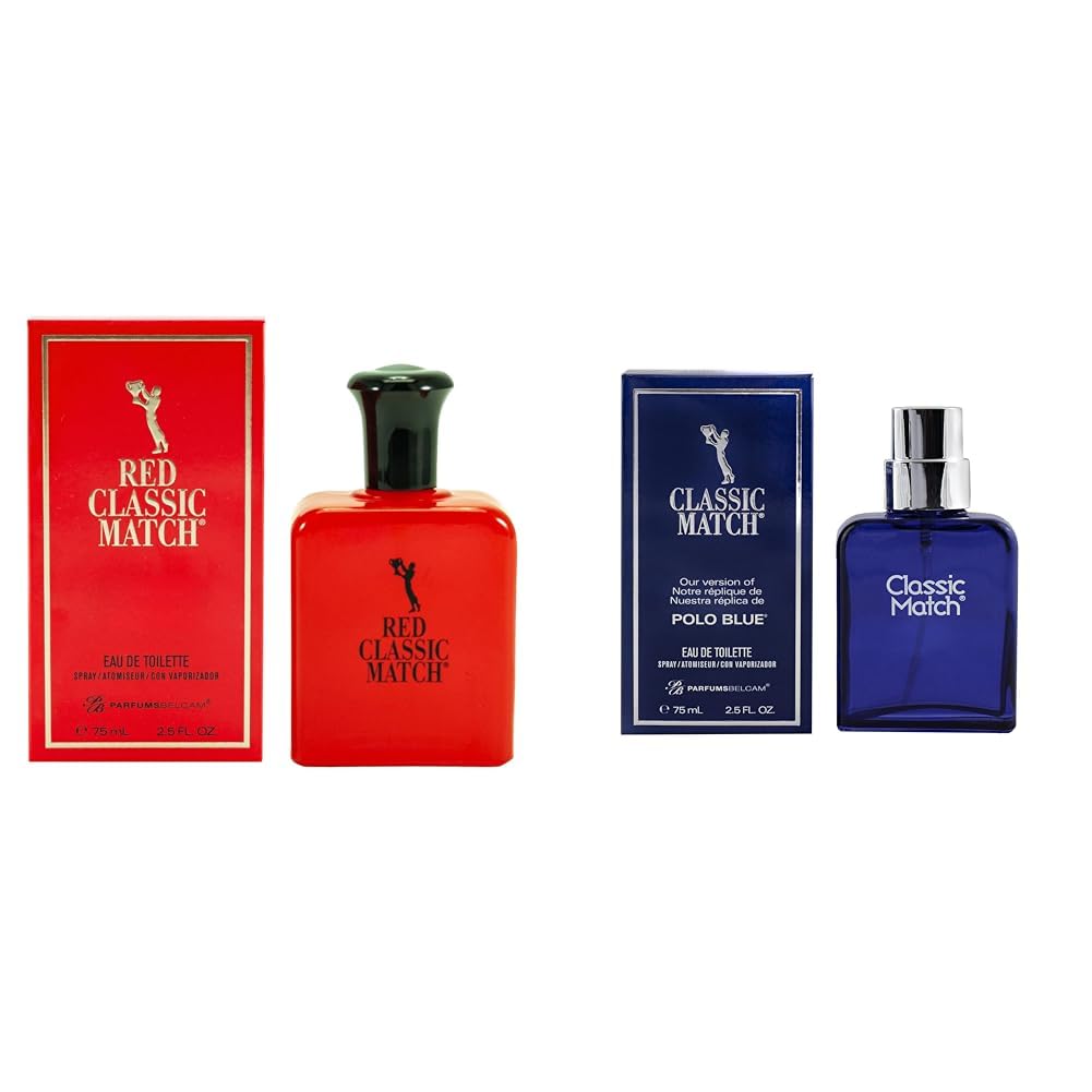 PB ParfumsBelcam Men's 2.54 Fl Oz Red Classic Match Eau de Toilette and 2.5 Fl Oz Blue Classic Match Eau De Toilette Spray Bundle