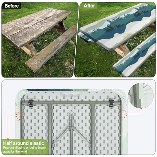 Picnic Table Cover with Bench Covers Camping Essentials Waterproof Windproof Camping Tablecloth with Drawstring Bag, Fitte...