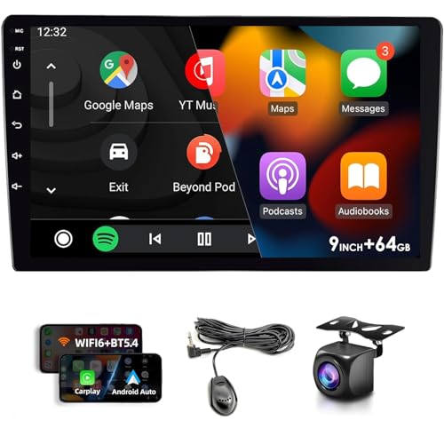 Lunavo 9" 64GB Wireless CarPlay Android Auto Car Stereo, Double Din HD Touch Screen Radio, Bluetooth 5.4, Backup Camera, G...