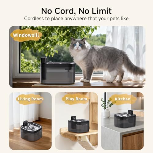 Wireless Cat Water Fountain with Stainless Steel Tray, 3.5L/118oz Rechargeable Battery Pet Water Dispenser, Ultra-Quiet In...