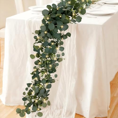 Eucalyptus Garland with Lights, 2 Packs 6FT Green Flower Garland Decor, Artificial Faux Eucalyptus Leaves Greenery Vines f...