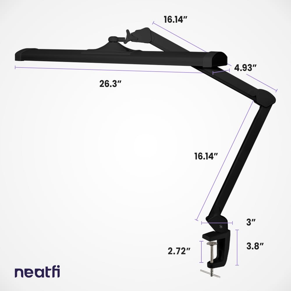 Neatfi LED Desk Lamp, 3,500 Lumens, 3 Light Modes, Dimmable, 45W, Touch Control, 26 Inch Wide Metal Shade, 540 SMD LEDs, Directional Lighting, Eye Caring Task Lamp (CCT with Clamp, Black)