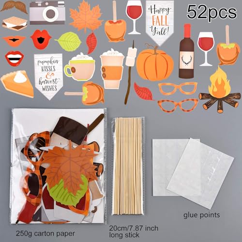 52 Pieces Happy Fall Yall Photo Booth Props Kit Thanksgiving Day Harvest Festival Pumpkin Party DIY Costumes Props with Wo...