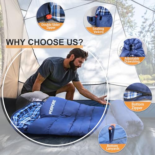 POEPORE 0 Degree Sleeping Bag 100% Cotton Flannel XXL Cold Weather Winter Oversized Sleeping Bag for Adults Camping Zero D...