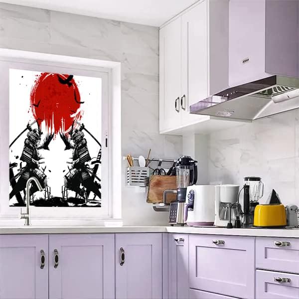 Japanese Samurai Stained Glass Film Watercolor Ink Samurai Sword Red Sun Printwindow Tinting Film for Home,Window Film Stained Glass 23.6Wx47.2L-Inch X1Pcs