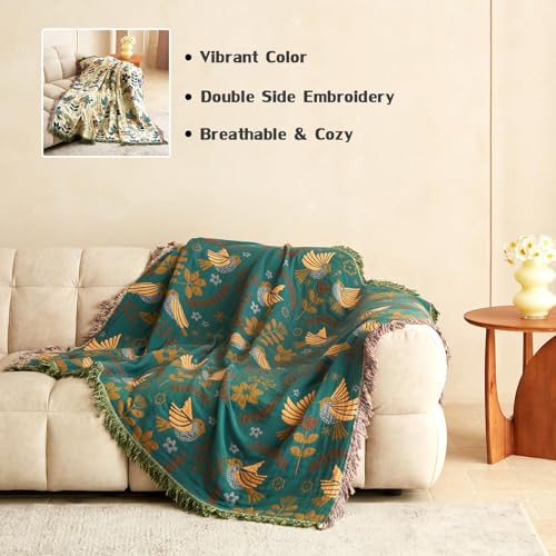 Boho Throw Blanket for Couch 100% Cotton Soft Birds and Floral Double Embroidery Breathable Throw Blankets,50"×60" All Sea...