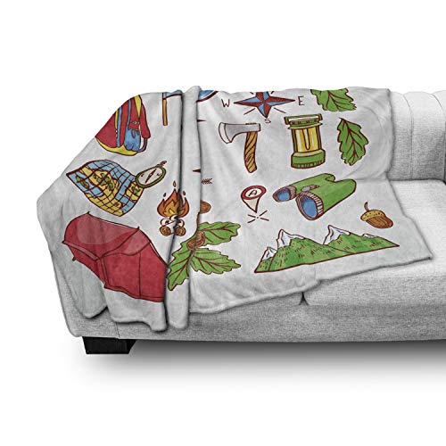 Lunarable Camper Throw Blanket, Camping Lifestyle Equipments a Boat Compass Map Ax Tent Tourism Illustration, Flannel Flee...
