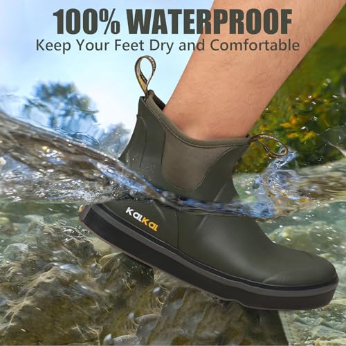 Kalkal Men's Deck Boots Anti-Slip Saltwater Fishing Rain Boots with Memory Foam, Waterproof Rubber Ankle Work Boots for Sa...