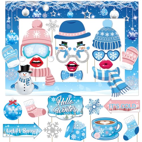 Biswiter Winter Photo Booth Props, 26Pcs Winter Wonderland Photo Booth Props with Frame, Winter Wonderland Party Decoratio...