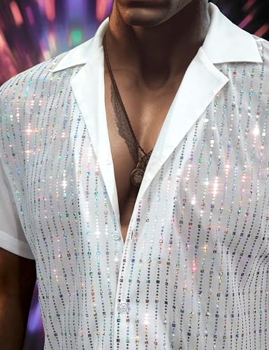 AIBEIX Mens Mesh Sequins See Through 70s Disco Long Sleeve Button Down Shirts