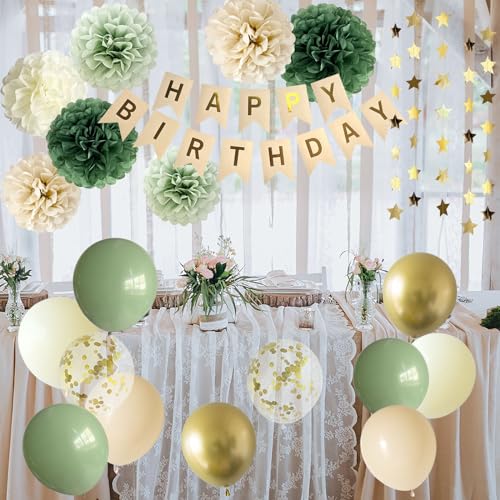 ANSOMO Sage Green Happy Birthday Party Decorations Retro Green Nude Ivory Dark Olive Kraft Paper Banner Balloons Neutral R...