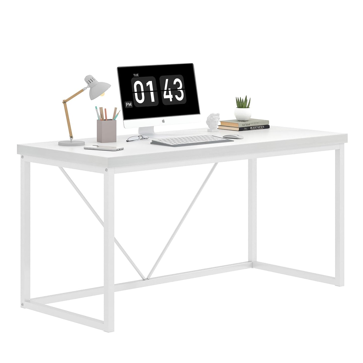 EXCEFUR Home Office Desk, Modern Wood Computer Desk, Wood Study Writing Table, Simple Gaming Executive Desk Workstation for Bedroom Living Room, White, 53 inch