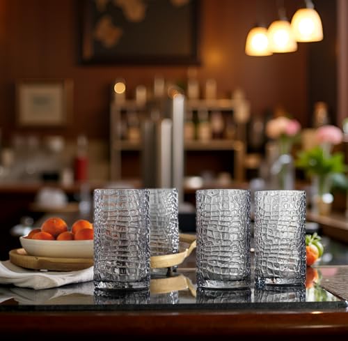 Glaver's Highball Glasses Set of 4 Smoke Drinking Glasses, 15 Ounce Crackle Textured Newly Designed Patent Glassware Heavy...