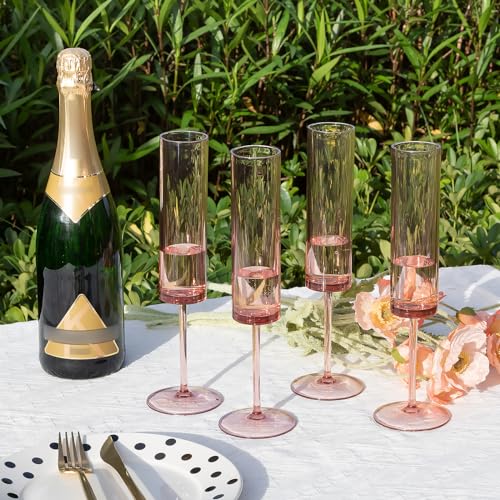 6 Pieces Acrylic Pink Champagne Flutes 5.4 OZ Square Champagne Glasses Stemmed Coupes Reusable Wedding Toasting Glasses Ro...