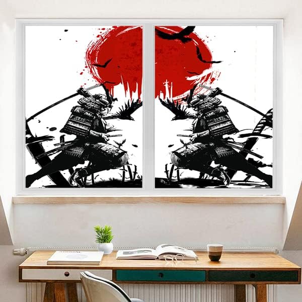 Japanese Samurai Stained Glass Film Watercolor Ink Samurai Sword Red Sun Printwindow Tinting Film for Home,Window Film Stained Glass 23.6Wx47.2L-Inch X2Pcs